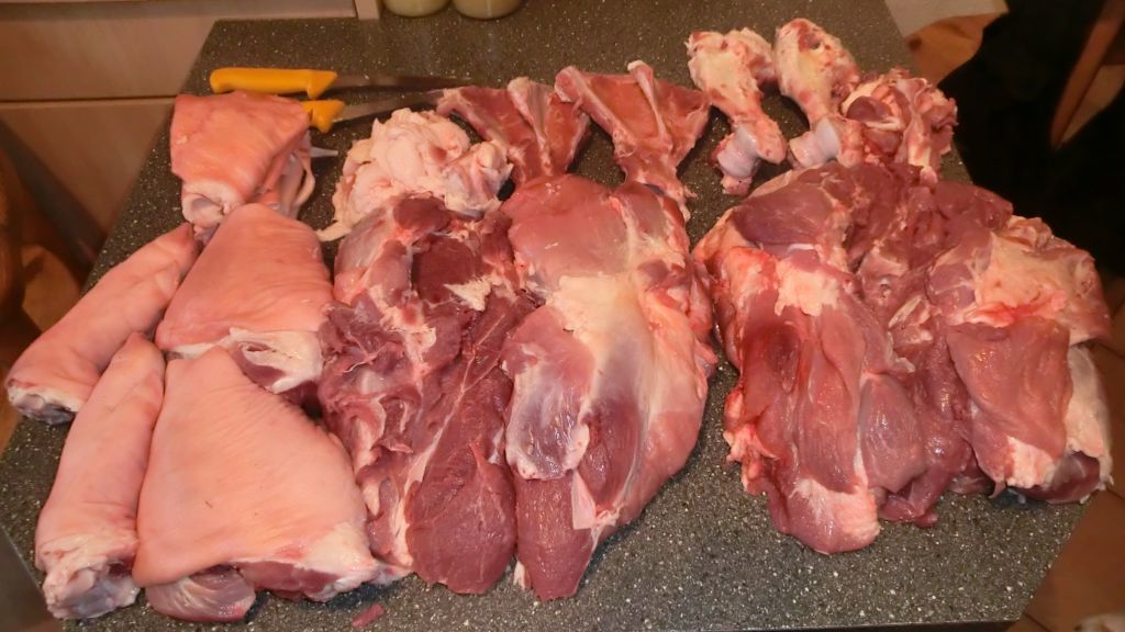 Schultern ausgelöst ( Pfoten, Schwarten, Eisbeine kann man später für andere Wurstsorten verwenden )