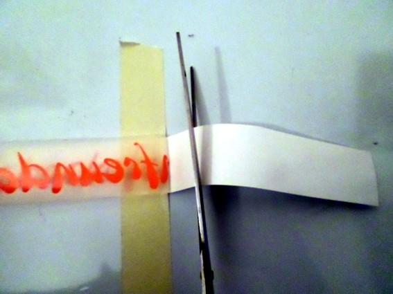 Gut festhalten und die eine Seite des Trägerpapiers abschneiden (Schere, Cutter).